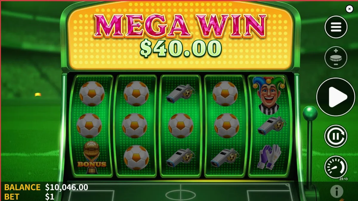 Interface de jogo do caça-níqueis Soccer Joker com tema de futebol e neon